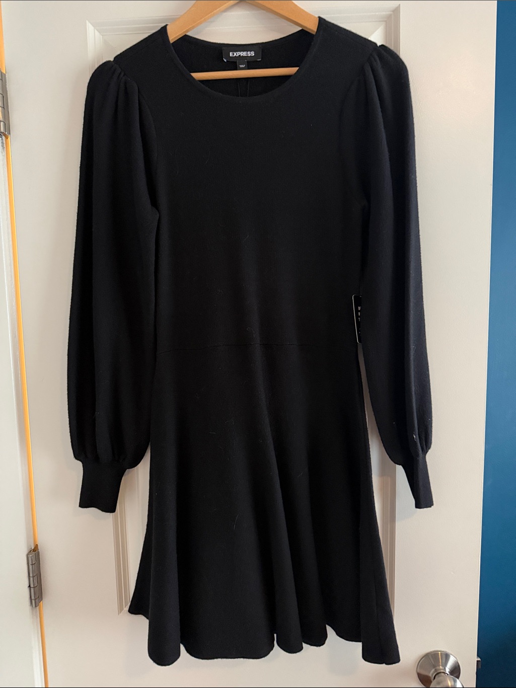 Express Black Puff-Sleeve Fit-And-Flare Dress